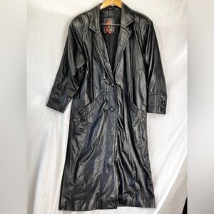 Vintage Black Leather Trench Coat Global Worldwide G lll Womens Medium Long 80s